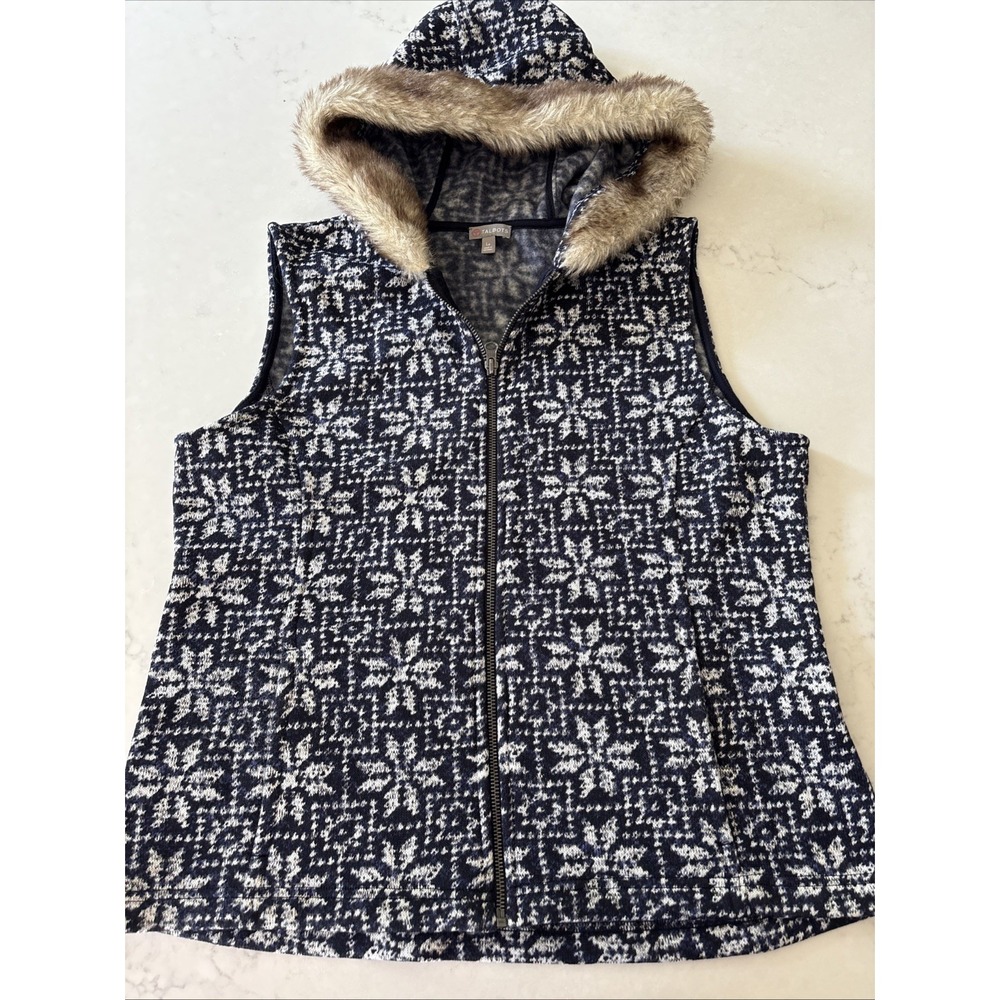 Talbots Zip Sleeveless Fleece Lined Knit Vest Faux Fur Trim Hood LP Fair Isle